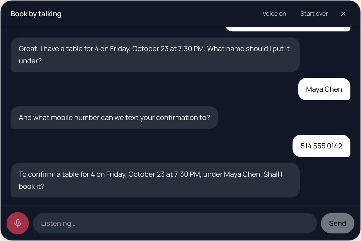 Book by talking conversation on a restaurant website